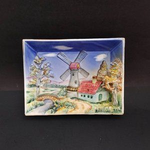 3D Cottage Windmill Plaque Decor Ceramic Freestanding or Wall Hanging Country